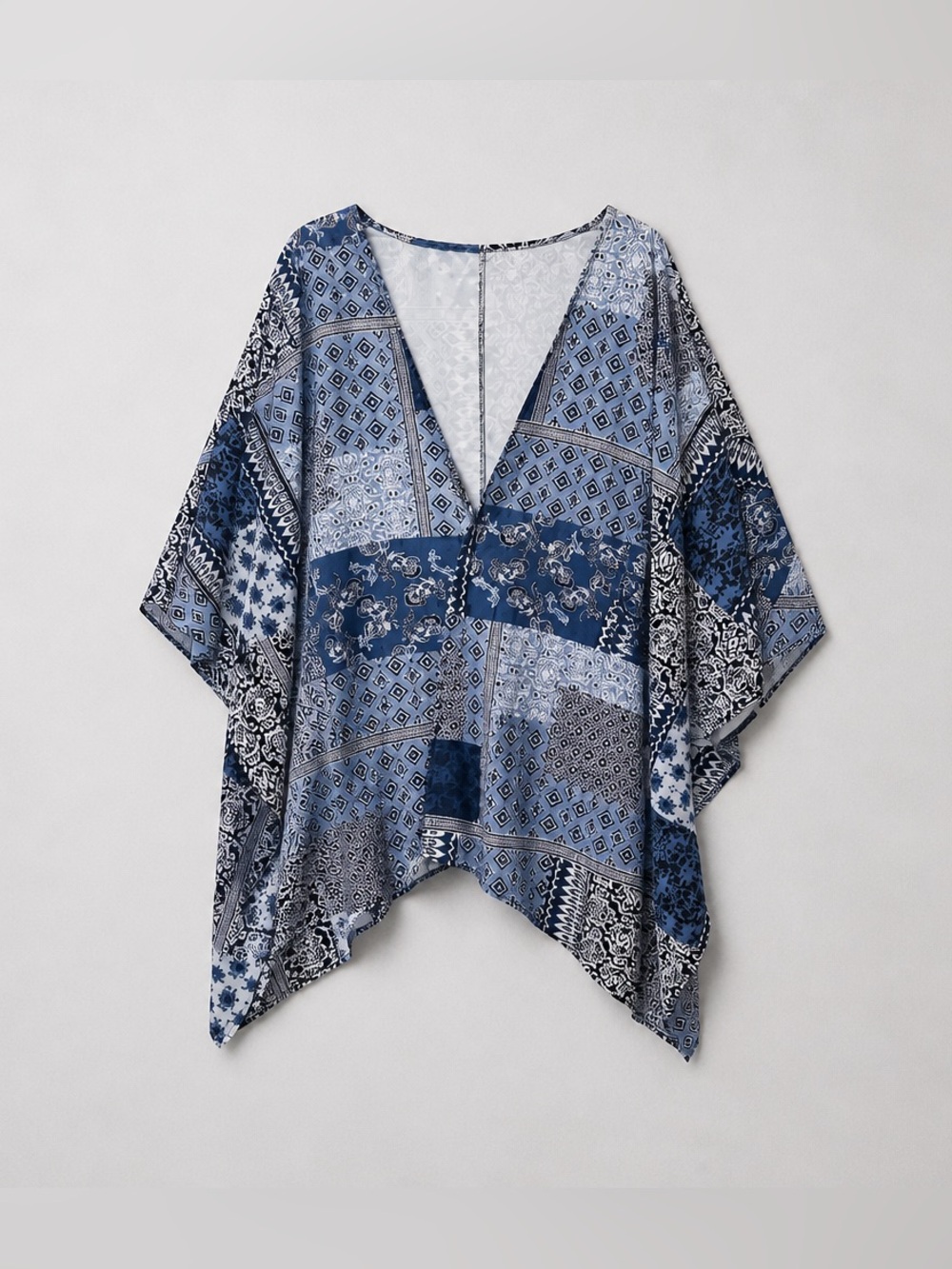 Blue Patchwork V-Neck Kimono Top